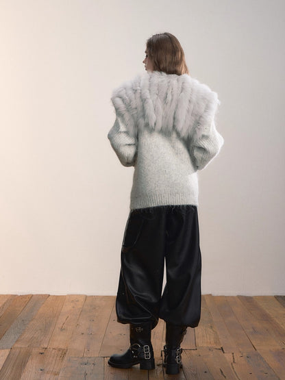 Fox Fur Large Notch Collar Cardigan
