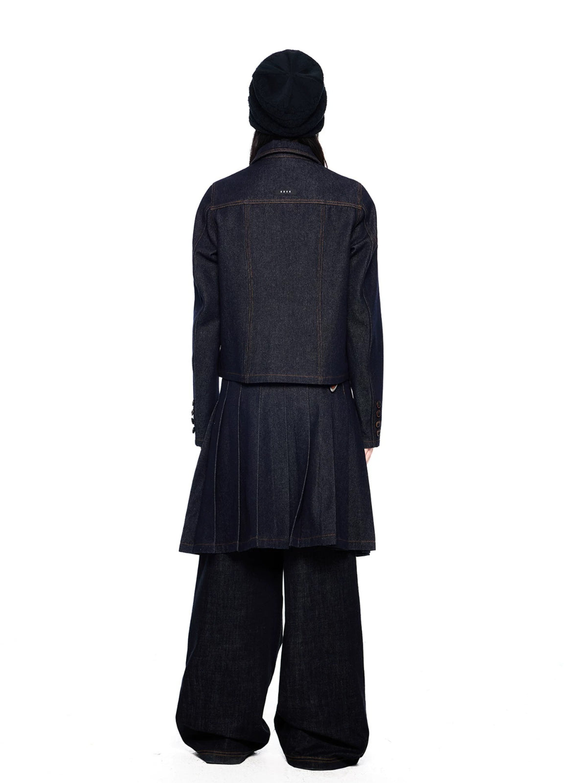 Vintage Denim Collar Pleated Skirt Set
