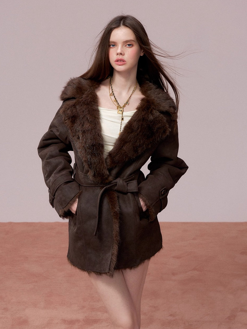 Faux Shearling-Lined PU Belted Coat