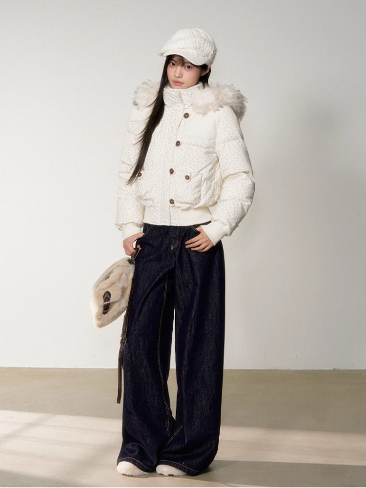 Faux Fur Collar Plaid Down Jacket