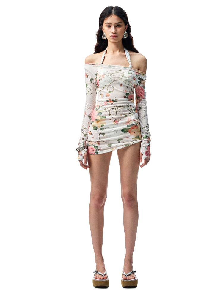 Floral All-over Print Off-the-Shoulder Sheer Cover-up