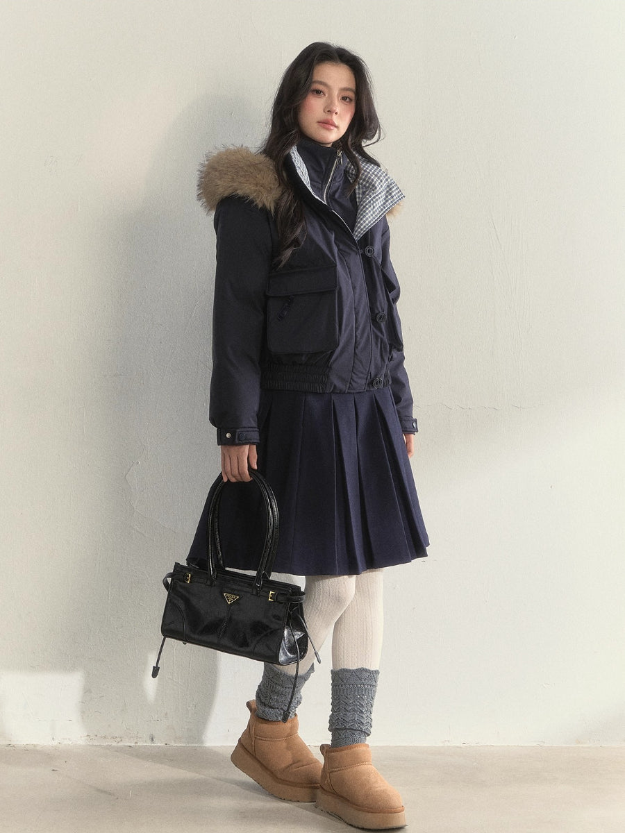“Flowing Glacier” Patchwork Down Jacket with Fur Collar