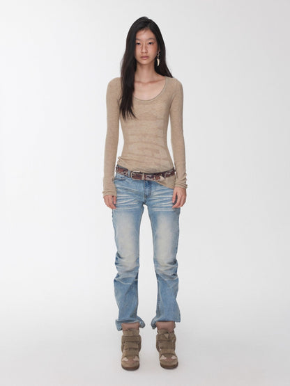 Crewneck Textured Open-Knit Wool Sweater