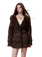 Faux Shearling-Lined PU Belted Coat
