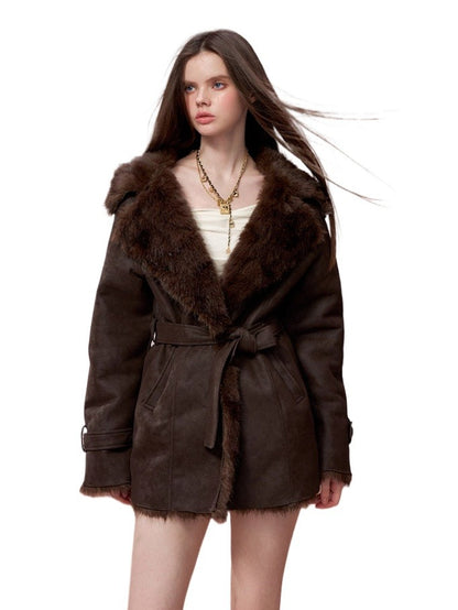 Faux Shearling-Lined PU Belted Coat