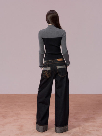 Color-Block High Neck Knit Top &amp; Fringe Cape Set