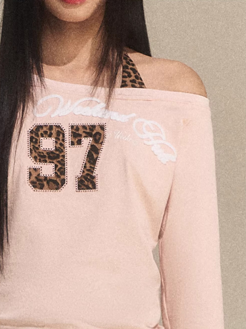 Leopard Halter One-Shoulder Long-Sleeve Top