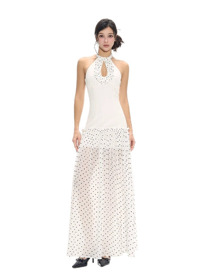 Polka Dot Print Cutout Halter Dress
