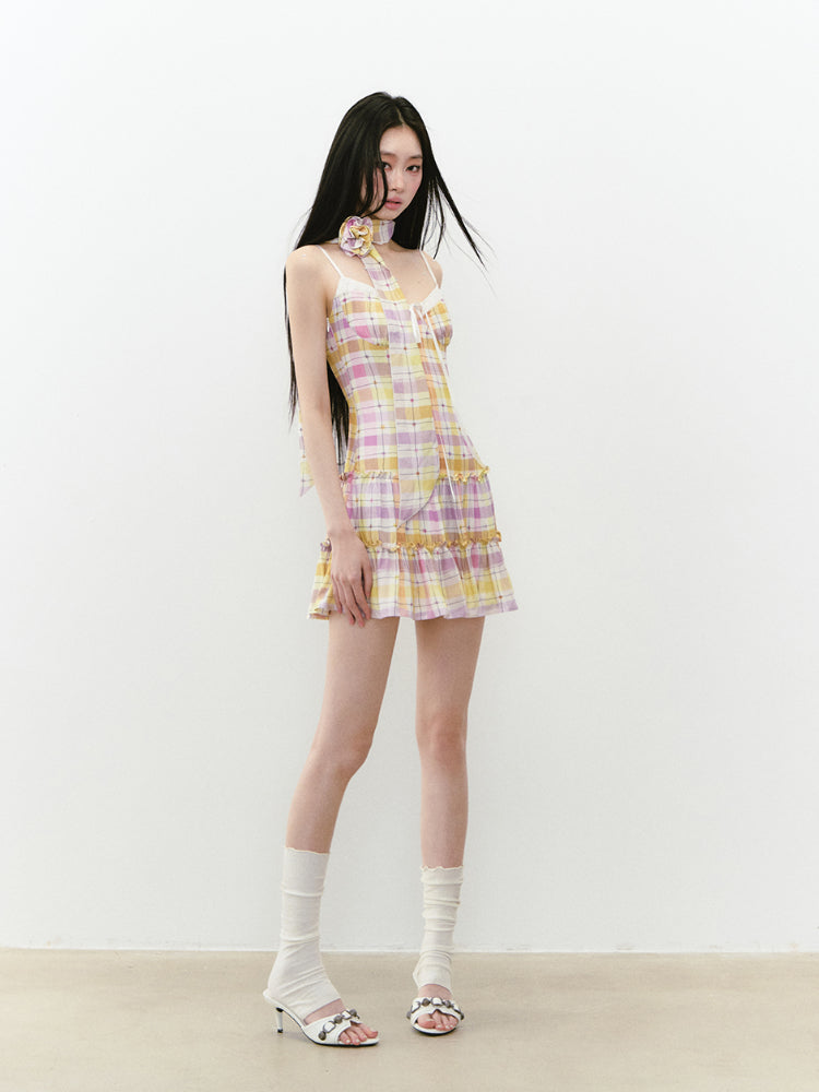 Fake Two-piece Plaid Spliced Cami Dress