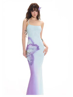 Blue 3D Gradient Floral Dress & Vest Set