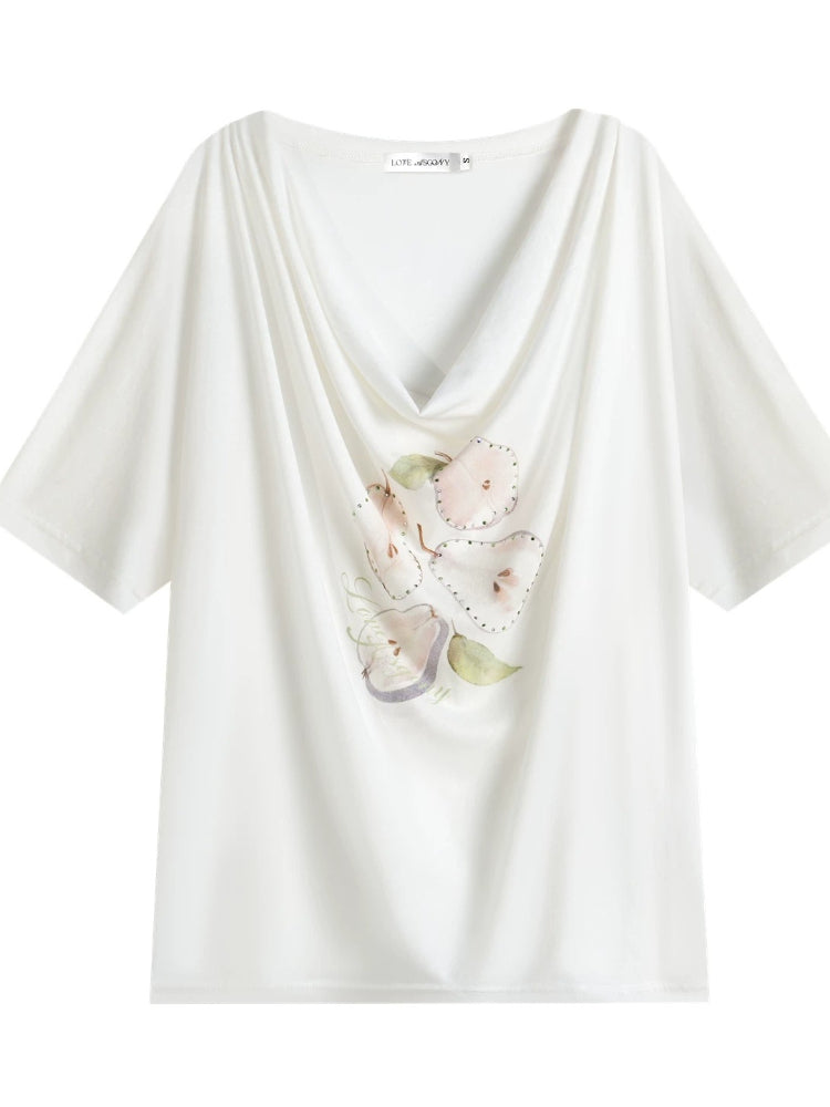 Rhinestone Pear Print Draped T-shirt