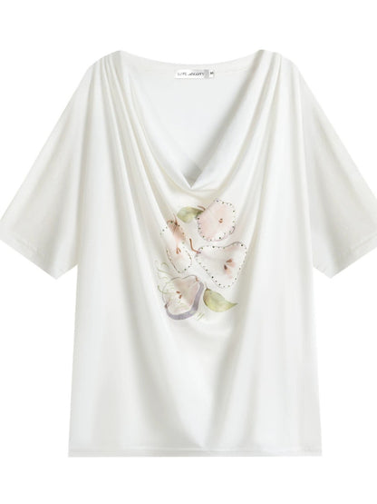 Rhinestone Pear Print Draped T-shirt