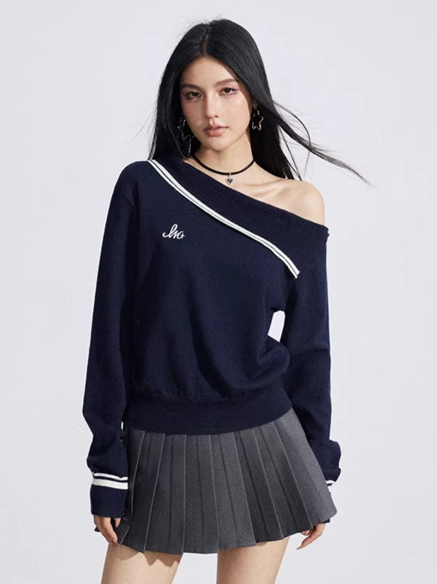 Navy Blue Asymmetric Knit Top
