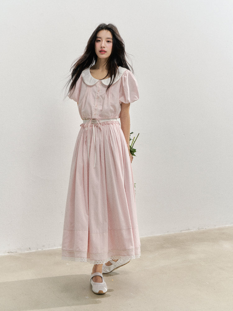 Pink Doll‑Collar Drawstring‑Hem Blouse & Flared Midi Skirt