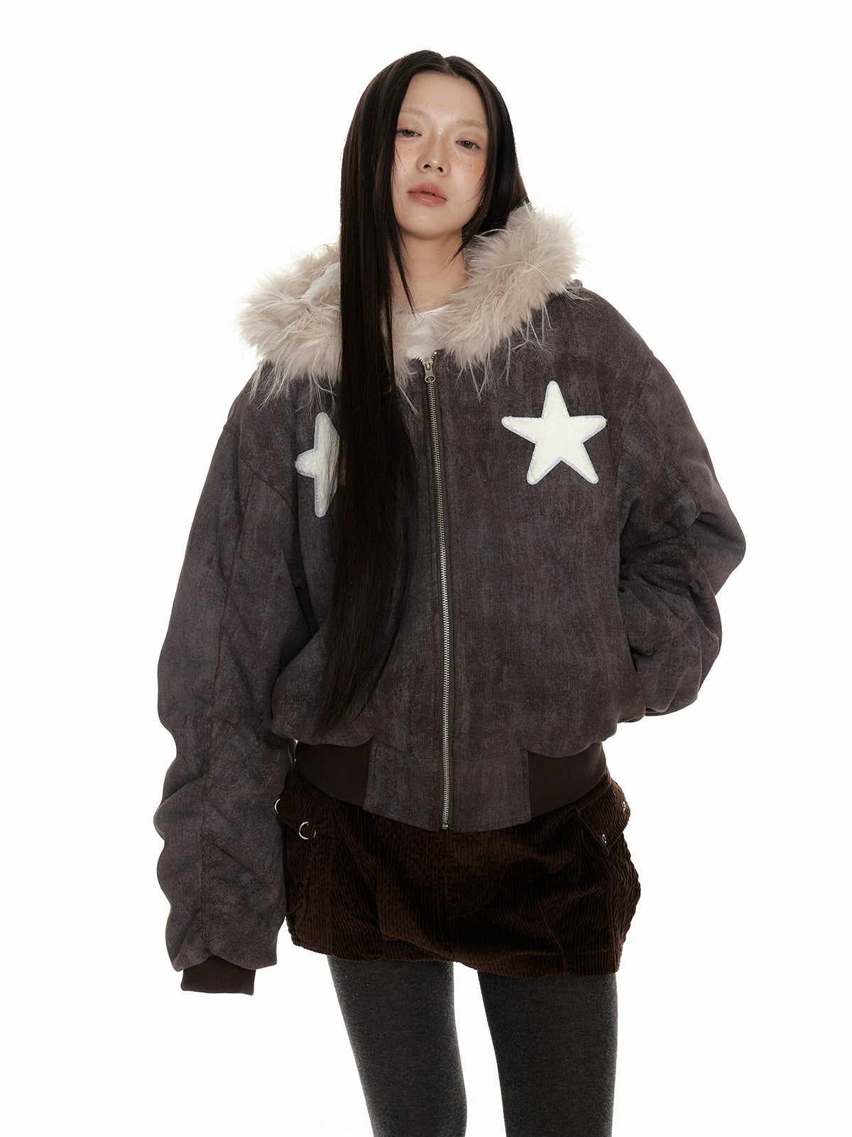 Distressed Fur Hooded Padded Jacket