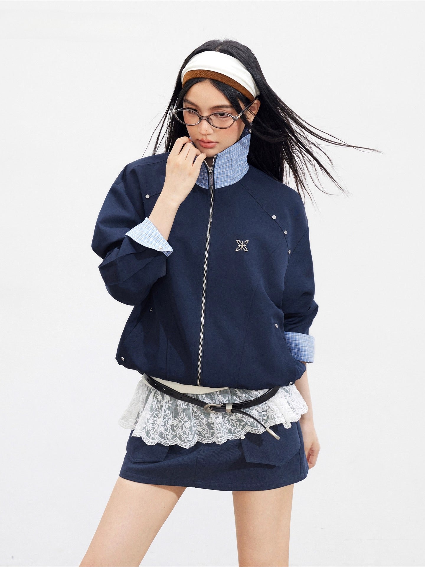 Navy Blue Plaid Patchwork Jacket