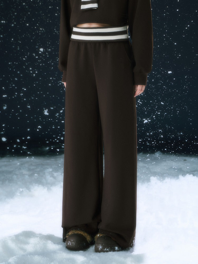 Brown Stripe Contrast Waist Wide-leg Pants