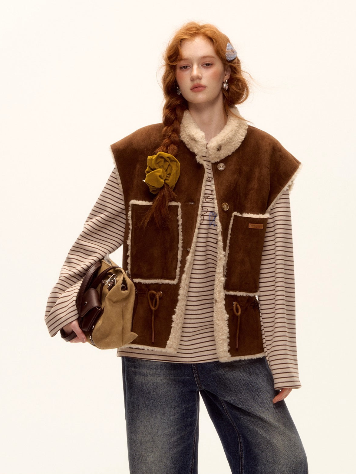 Reversible Suede Drawstring Shearling Vest