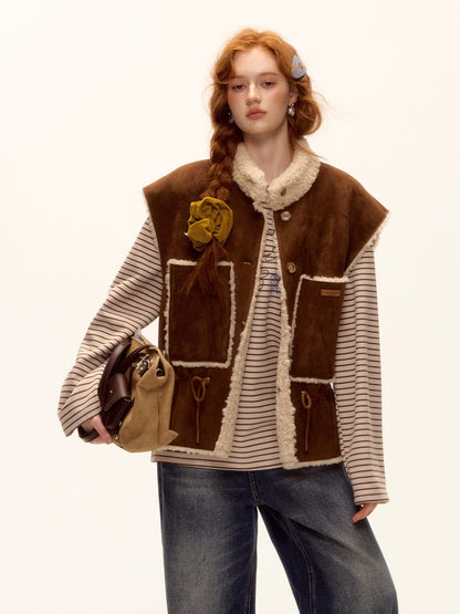 Reversible Suede Drawstring Shearling Vest