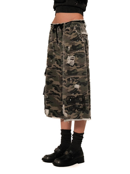 Lace Patchwork Ripped Camouflage Capri Pants