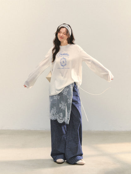 Plaid Color-block Waist Spliced Straight Pants
