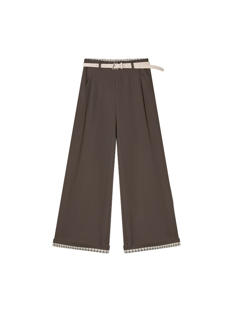 Plaid Cuff Belted Wide-Leg Pants