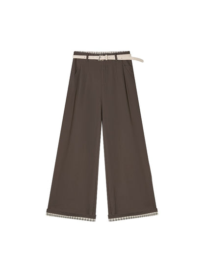 Plaid Cuff Belted Wide-Leg Pants
