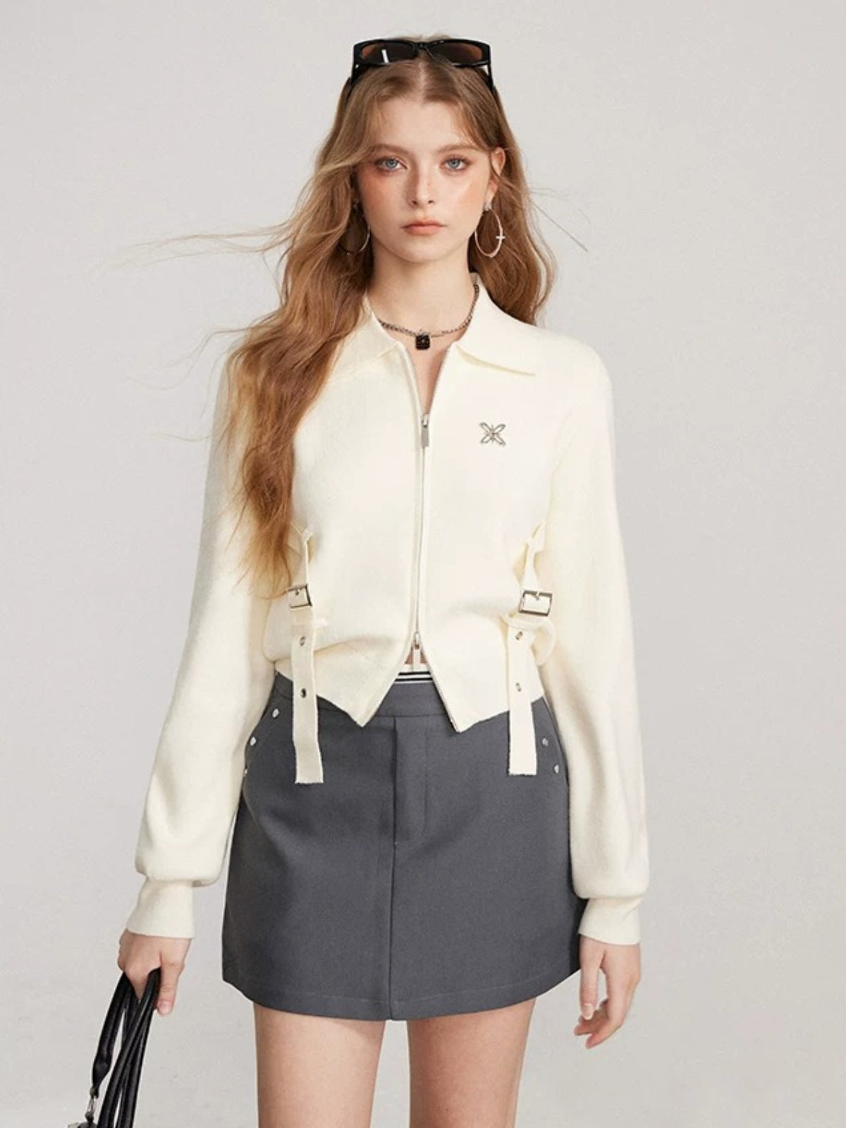 Ribbon Zip Collar Knit Cardigan