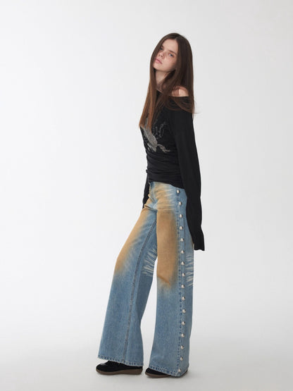 Rhinestone Embellished Asymmetric Drape T-shirt