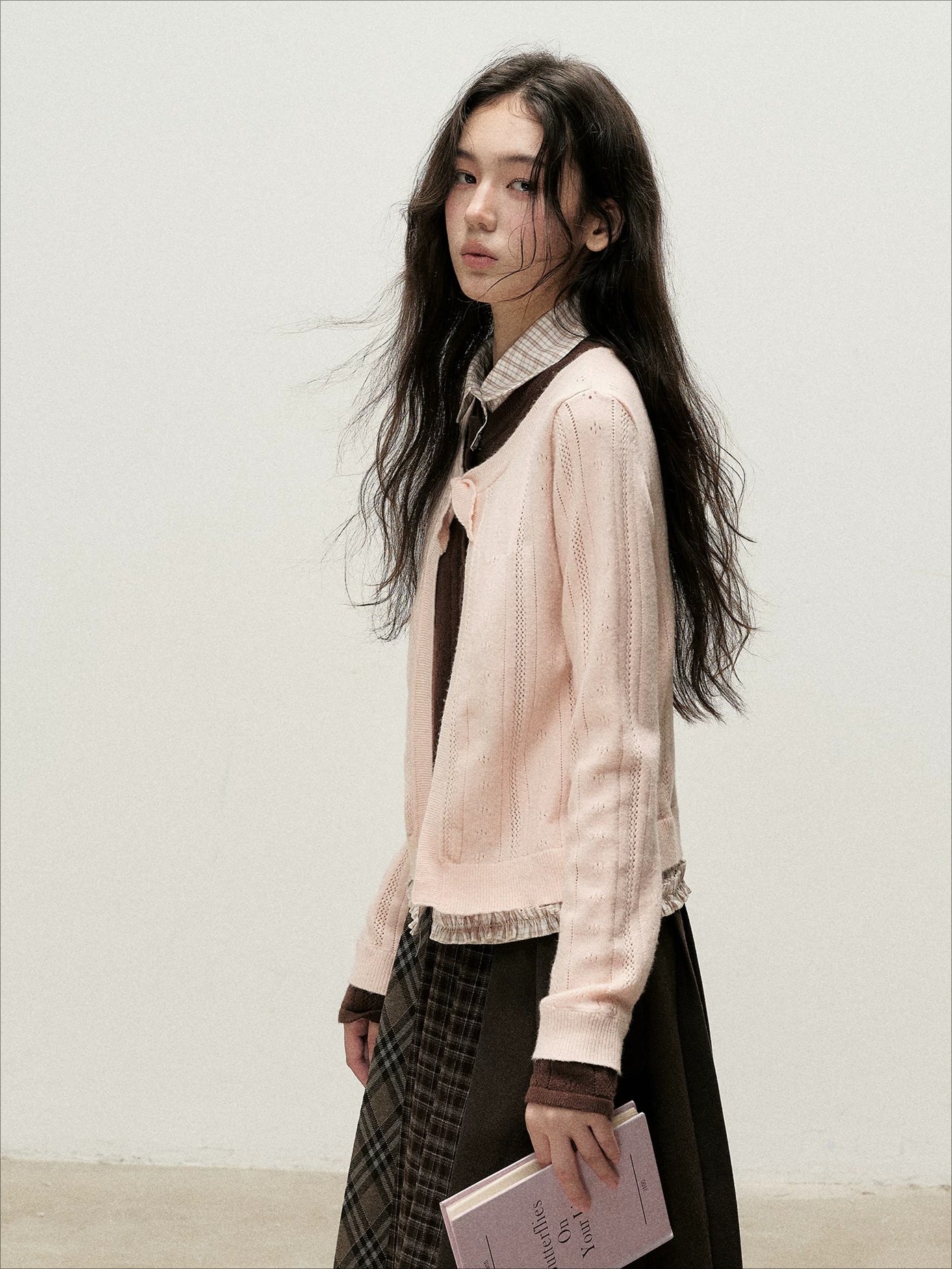 Plaid Collar Layered Knit Top