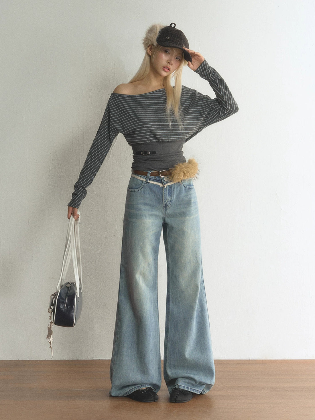 Striped Asymmetric Neck Layered T-Shirt