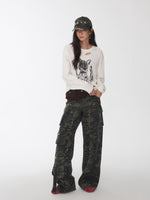 Washed Camo Multi-Pocket Cargo Wide-Leg Pants