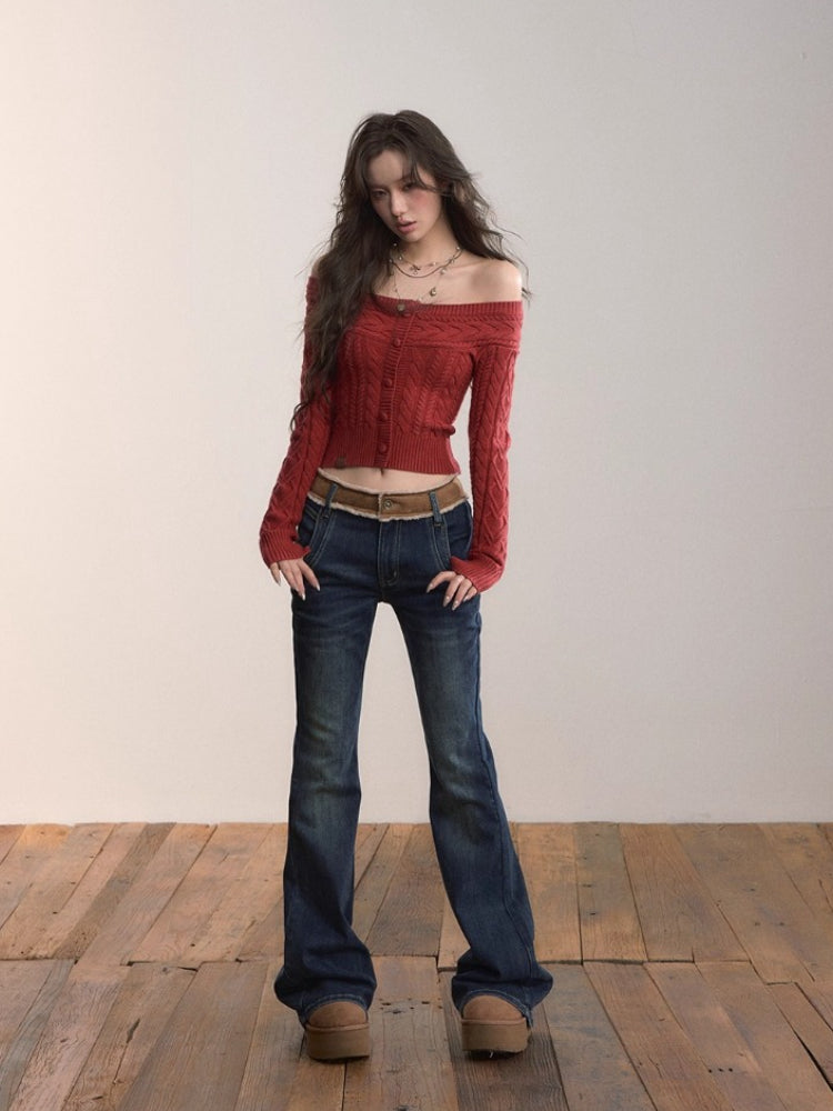 Off-Shoulder Cable Knit Sweater
