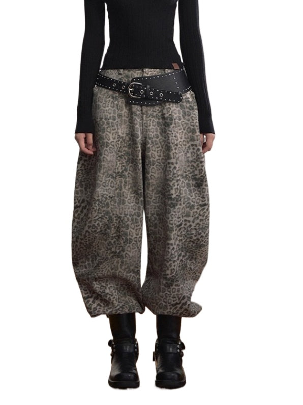 Leopard Print Scythe Wide-Leg Casual Jeans