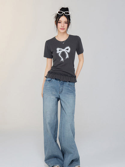 Ballet-style Bow-adorned Short sleeve Top
