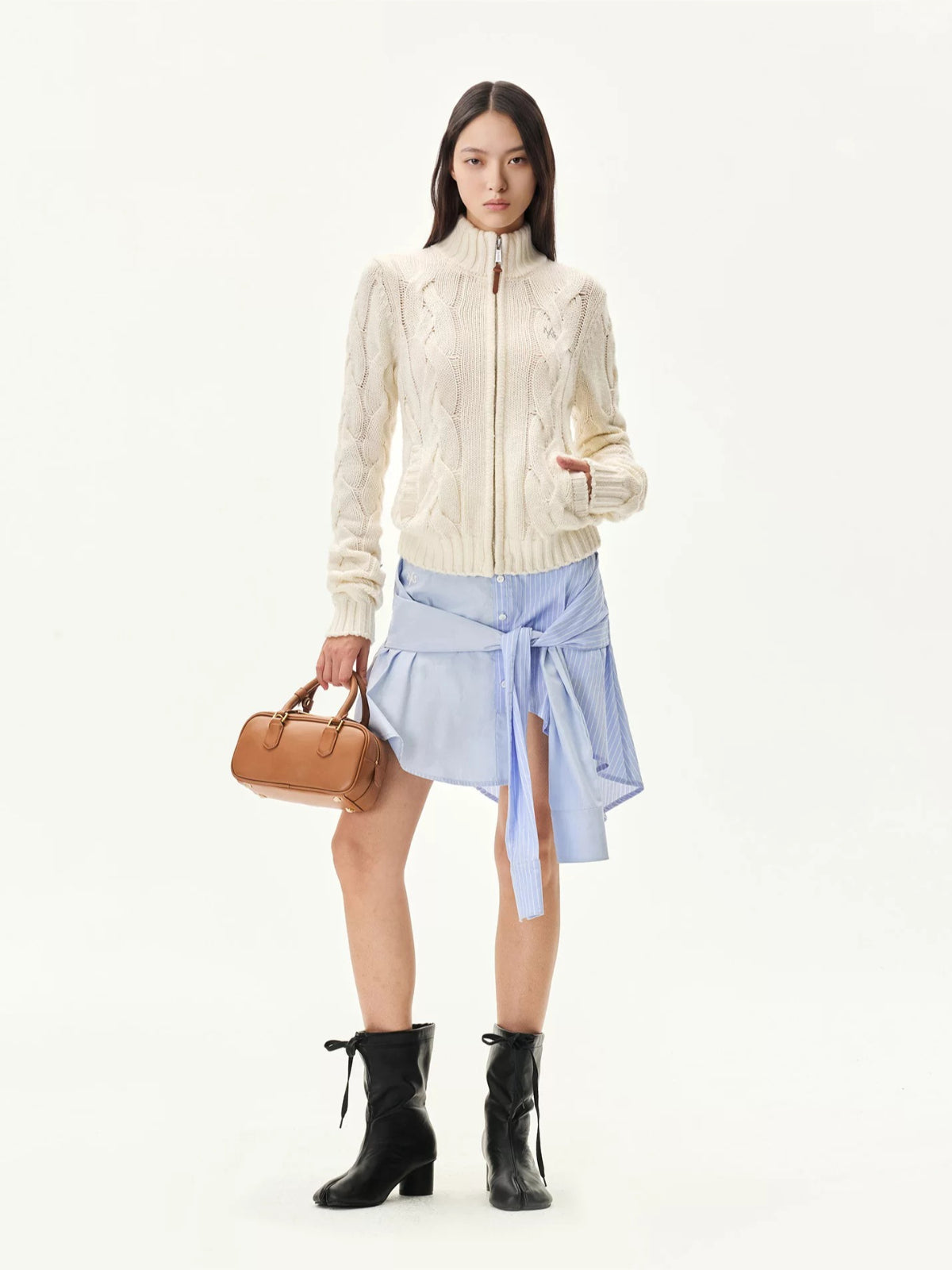 Wool Cable Knit Mock Neck Sweater
