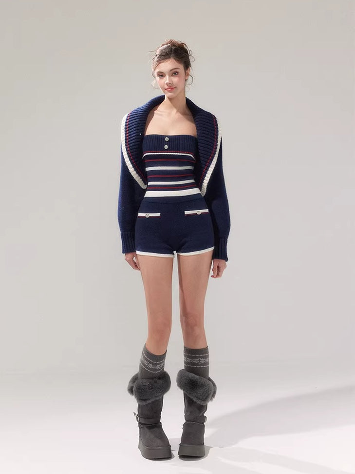 Navy Blue Striped Oversized Collar Knit Cardigan and Pants Set