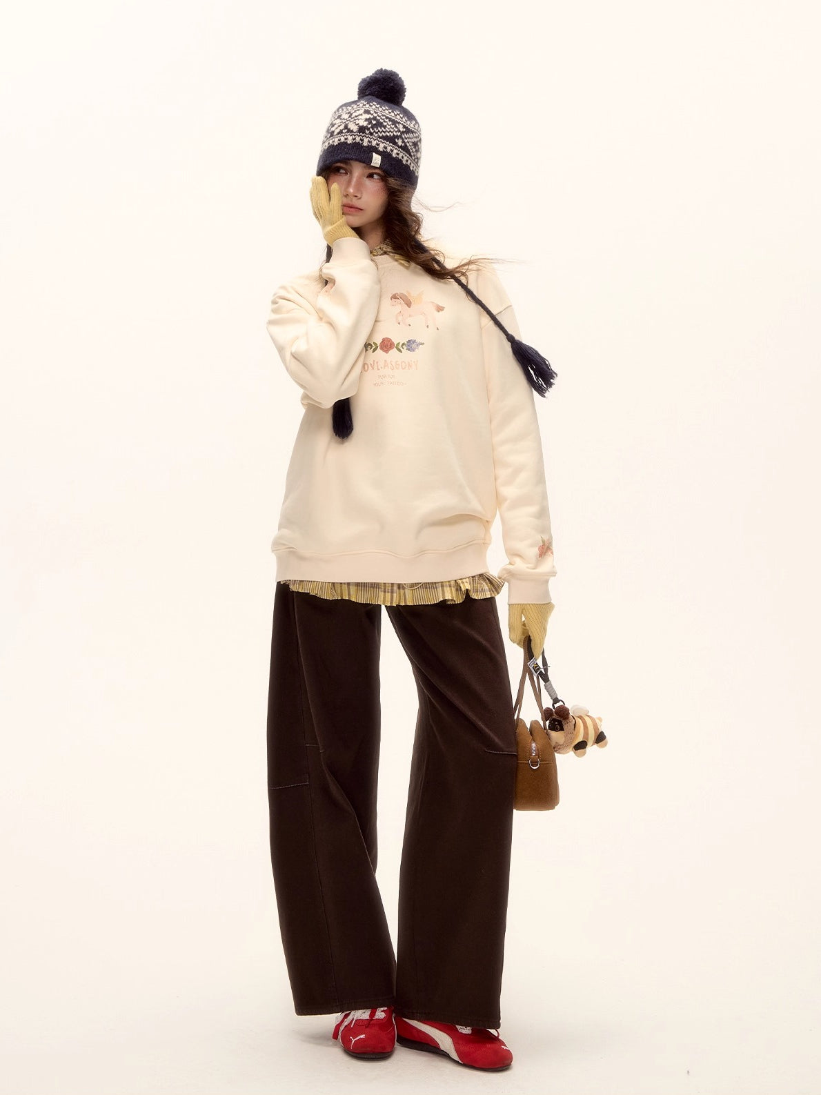 Floral Pony Print Fleece-Lined Pullover Sweatshirt