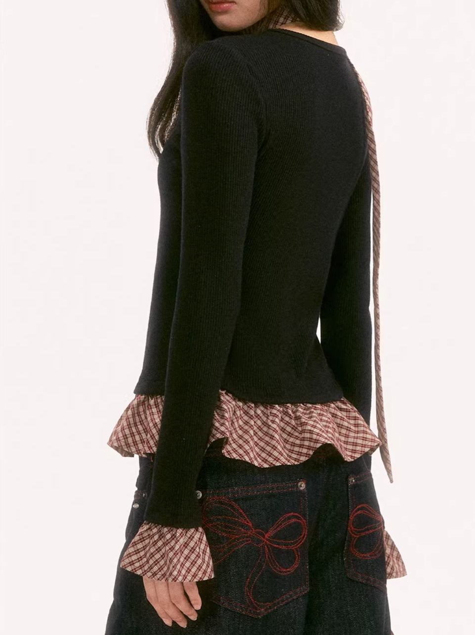 Black Plaid Ruffle Long-Sleeve Top