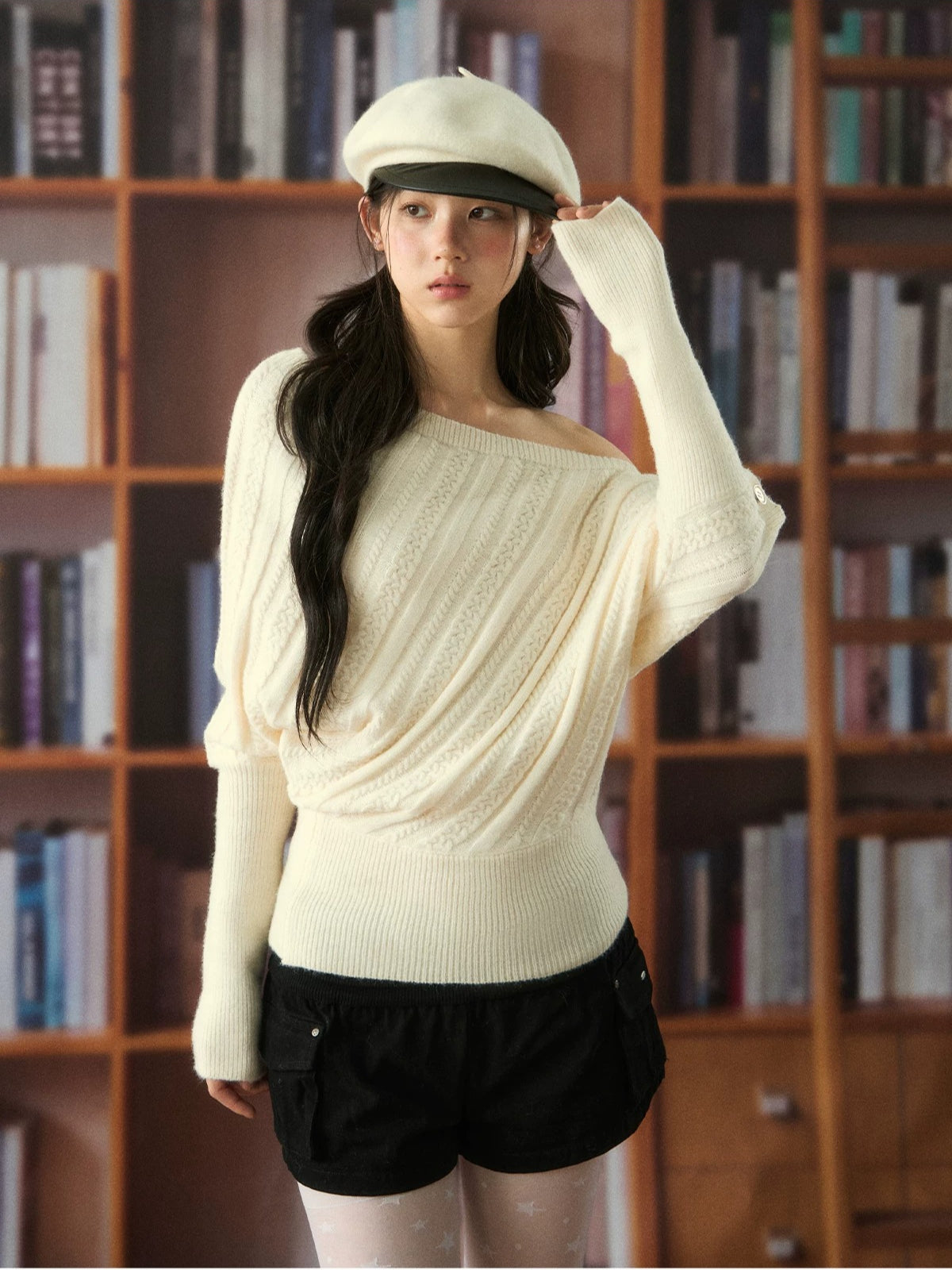 Off-Shoulder Cable Knit Sweater
