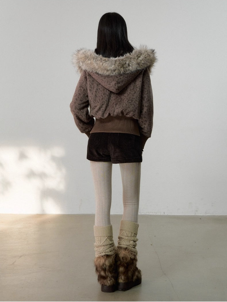 Korean Retro Leopard Wool Hooded Jacket