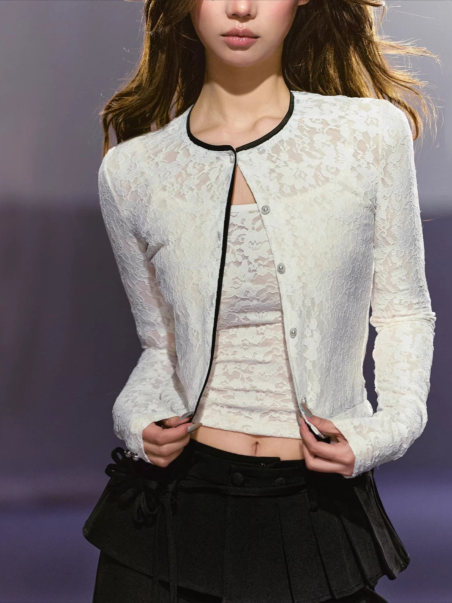 Lace Satin Cardigan Set
