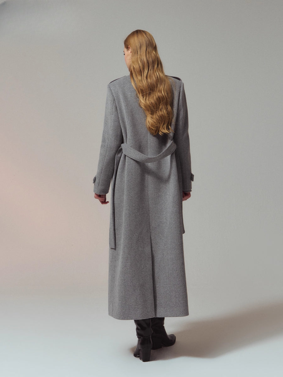 Structured Epaulette Stand-Collar Wool Long Coat