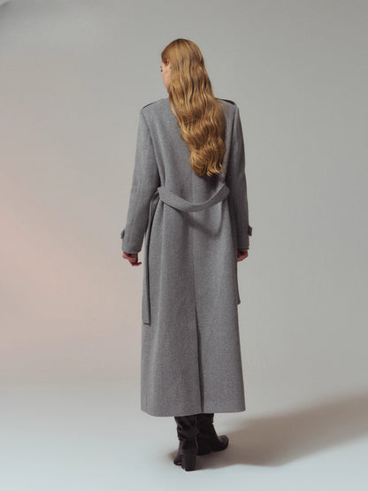 Structured Epaulette Stand-Collar Wool Long Coat