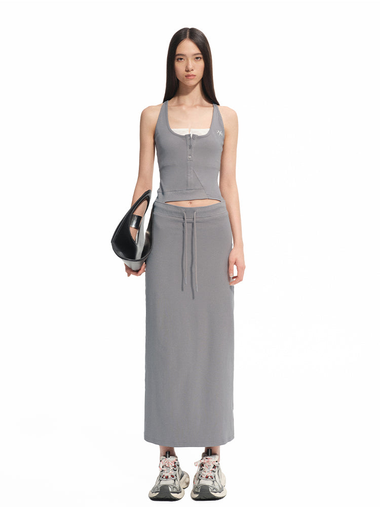 Contrast Color Fake Two-piece Waist Hollow Dress