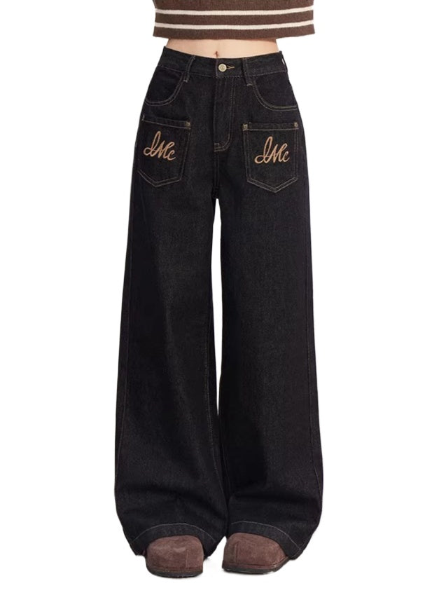 Vintage Black Denim Embroidered Wide Leg Pants