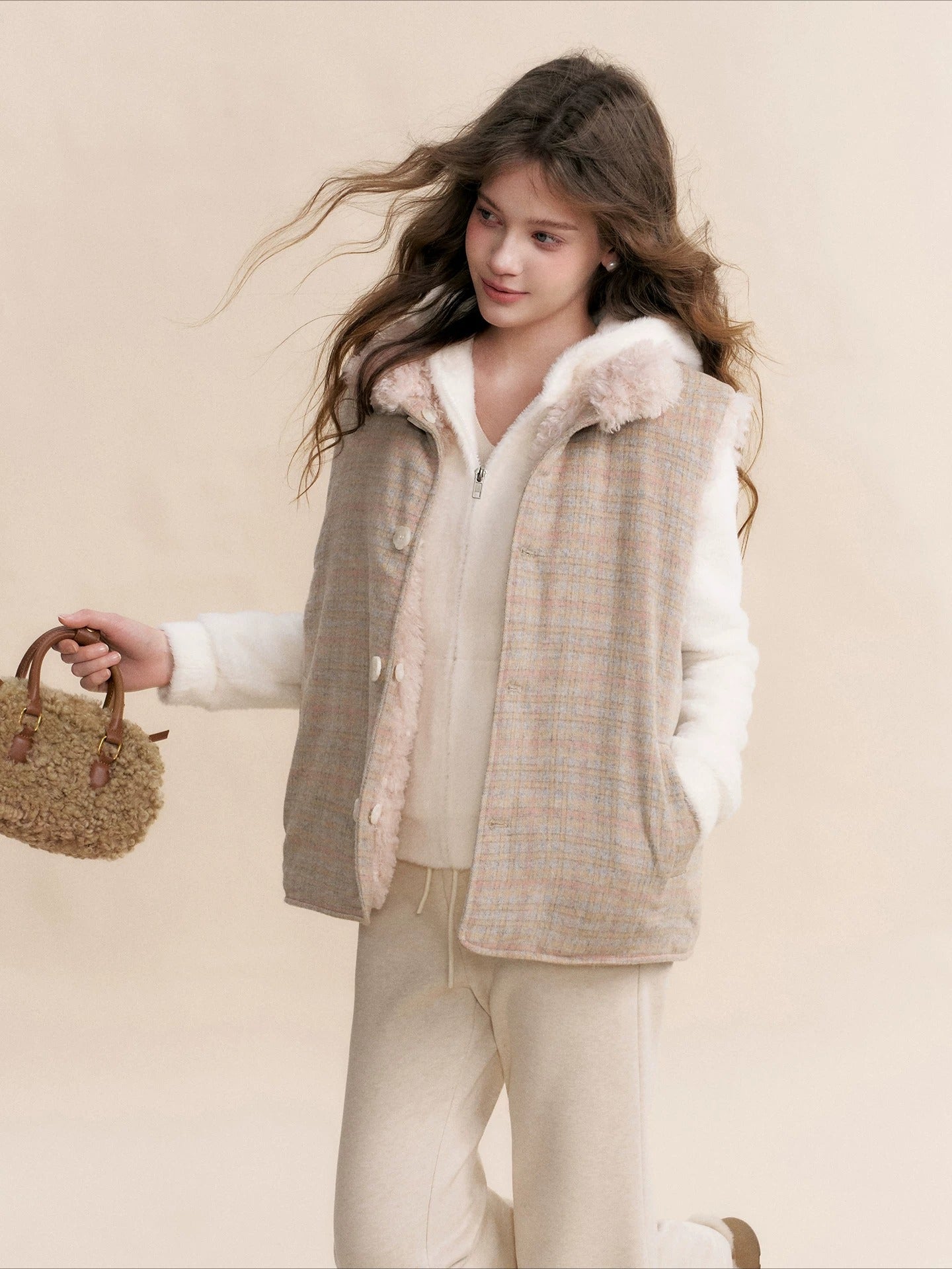 Beige Reversible Shearling Vest