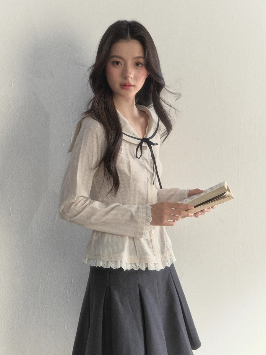 Beige Textured Sailor Collar Shirt &amp; Skirt Set