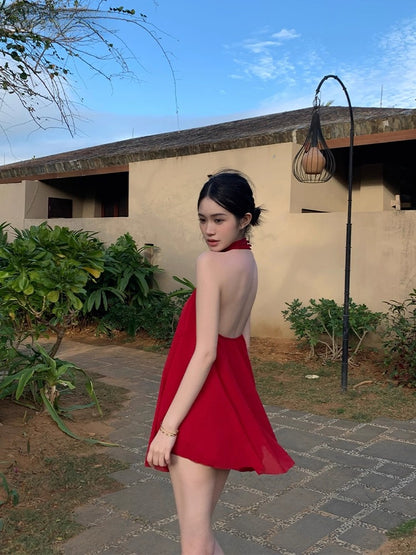 Vacation-Style Slim Halter Dress