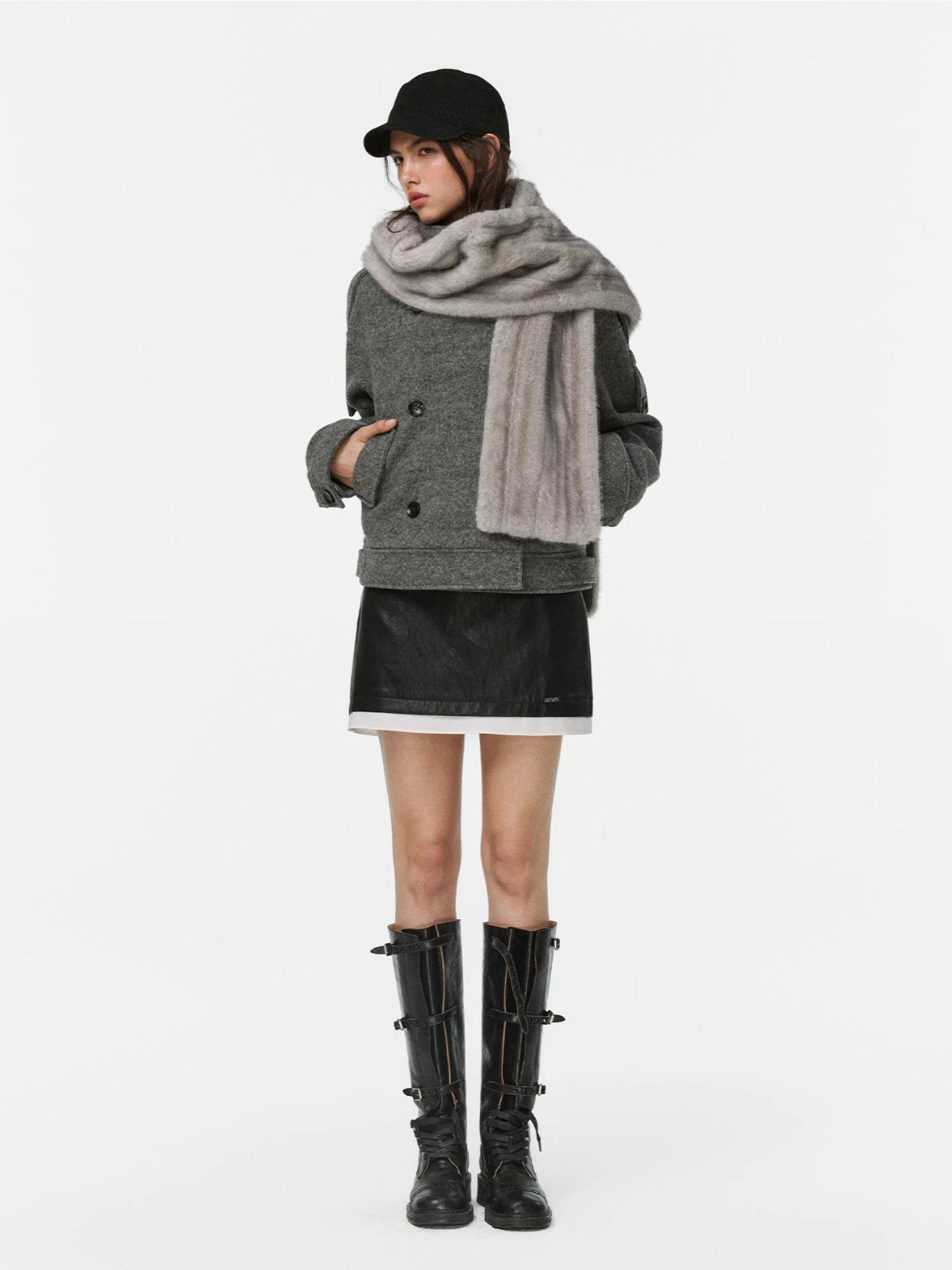 Plush Scarf Double Breasted Wool Coat